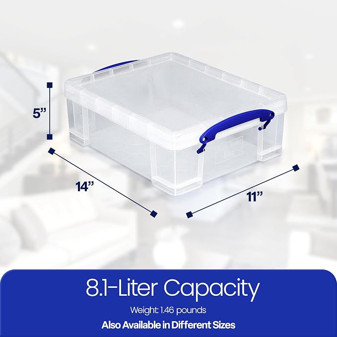 Really Useful Box Stackable 8.1 Liter Plastic Storage Container Bin with Snap Lid & Built-in Clip Lock Handles for Home & Office Organization (5 Pack)