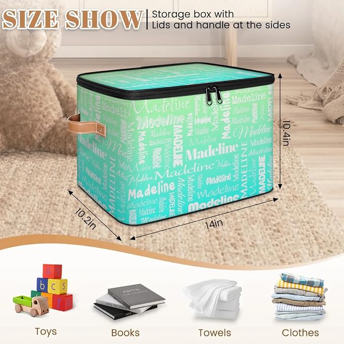 Custom Storage Basket with Name, Personalized Keepsake Box with Zipper Lid, Foldable Fabric Memory Bin Large capacity with Handle Green Blue