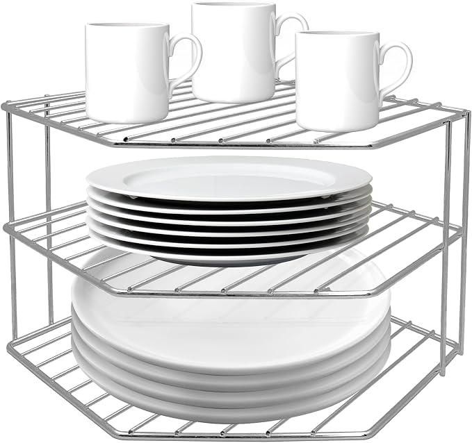 3-Tier Corner Shelf Counter and Cabinet Organizer - Steel Metal Wire - Rust Resistant - Plates, Dishes, Cabinet & Pantry Organizer - Kitchen Organization (10 x 7.5 Inch) (Chrome)
