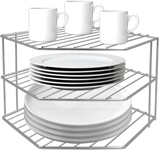 3-Tier Corner Shelf Counter and Cabinet Organizer - Steel Metal Wire - Rust Resistant - Plates, Dishes, Cabinet & Pantry Organizer - Kitchen Organization (10 x 7.5 Inch) (Chrome)