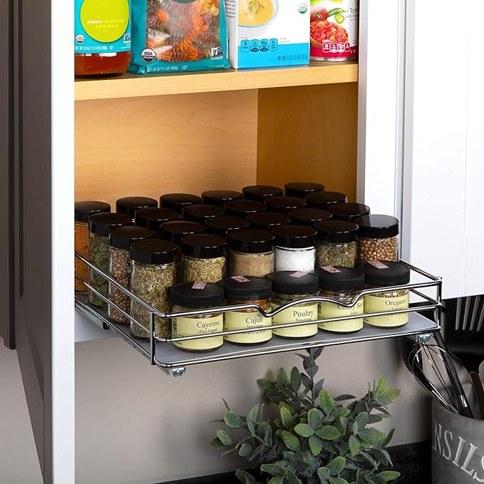 Pull-Out Cabinet Spice Rack Organizer, 12 ⅜"W x 10 ⅜"D x 2 ¾"H | Slim Slide-Out Storage for Spices, Bottles & Jars, Premium Heavy-Duty Steel, Easy Install for Narrow Kitchen Cabinets, Chrome