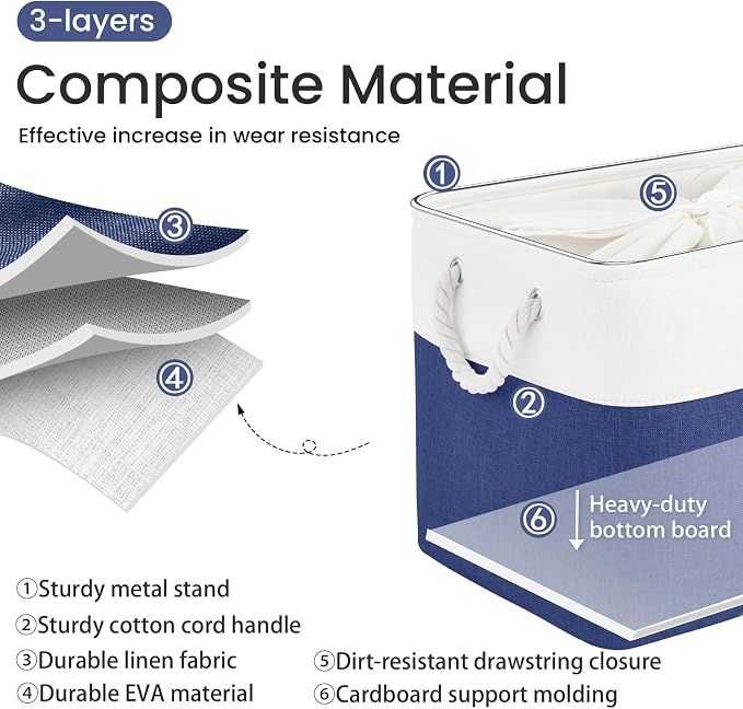 Large Storage Baskets- 16x12x12 inch Storage Bins for Shelves and Closet Organizing, Foldable Fabric Bin for Home Organization Clothes and Laundry (3-Pack, White&Blue)