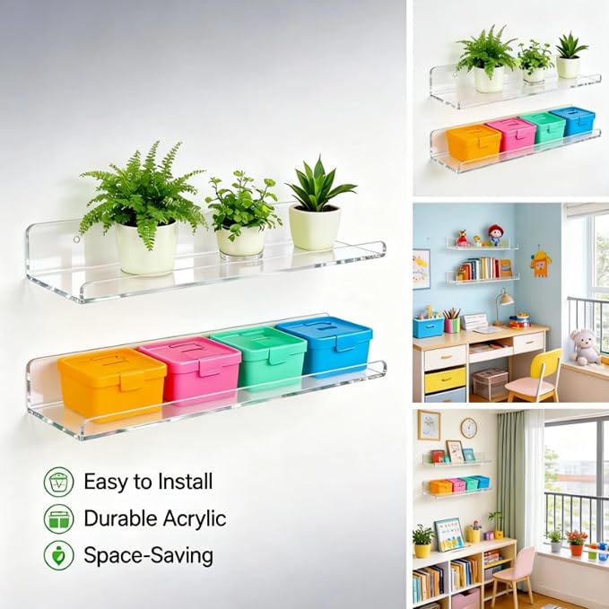 ROYALITA 2-Pack Acrylic Shelves Wall Mounted, 17 Inch Display Shelves | for Small Items Plants Organize Wall Shelves for Gaming Room, Bedroom, Living Room, Office, Clear