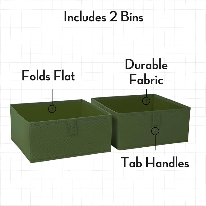 RiverRidge Kids 2pc Folding Storage Bins Set - 10.5” Bin Organizers with Handles - Olive Closet Organizers & Storage for Toys, Games, Shoes - Foldable Cube Storage Organizer Bins for Playroom, Nursery