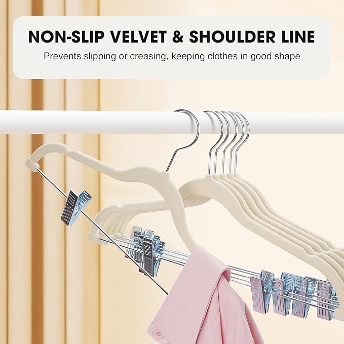48-Pack Beige Velvet Hangers with Clips Adjustable,Adult Hangers,Heavy-Duty,Felt,Non-Slip,Space Saving,Slim Outfit Hanger for Pants, Skirts, Suits,Coats, Dresses ect.