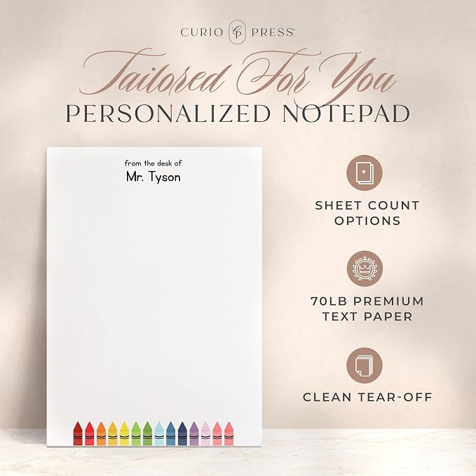 Curio Press Personalized Notepad 50 or 100 Sheets, Custom Stationery Note Pad 3 Sizes - Custom Crayons End-of-Year Teacher Gifts Appreciation Note with Name Teacher Stationery Gifts - Crayons Pad