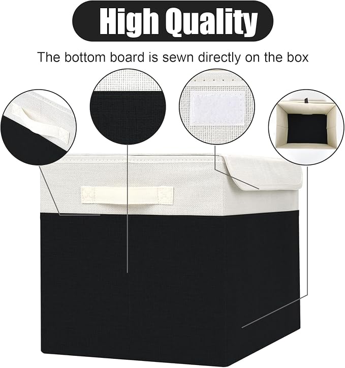 Bagnizer Large 42 Quarts Fabric Storage Bins with Lids [2-Pack] Linen Collapsible Foldable Baskets, Closet Organizer Containers boxes with Handles for Home Office (16.7 x 12 x 12, Black & White)