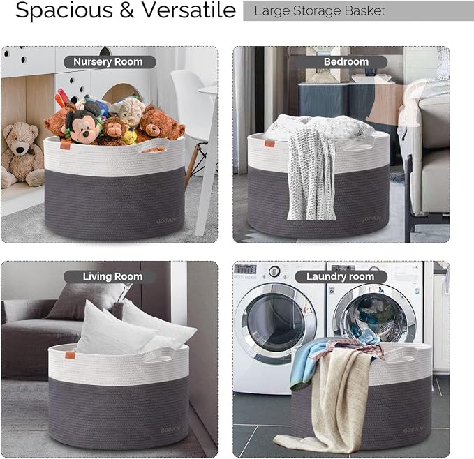 GOCAN Extra Large Laundry Basket toy storage 22"X22"X14" blanket basket Cotton Rope Woven Baskets with Handles for Living Room (Grey/Beige) XXXL