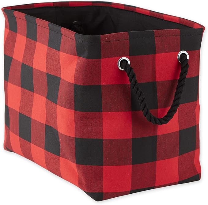 DII Buffalo Check Storage Collection Collapsible Bin with Handles, Medium Rectangle, 16x10x12, Red & Black