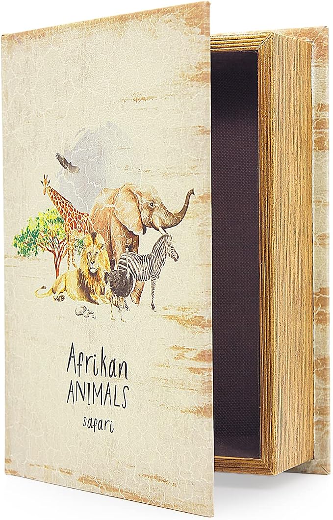 PACOLO Decorative Book Boxes, Faux Wood with Magnetic cover Storage for Hidden Jewelry, Money, and Cash (Afrikan animals)
