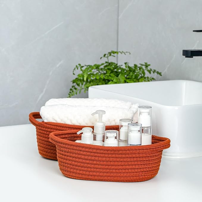 CubesLand Small Storage Basket Cotton Rope Organizer Baskets for Shelves | Set of 5 Decorative Closet Storage Bins with Handle for Countertop, Toilet Paper Basket for Toilet Tank Top, Rust Basket