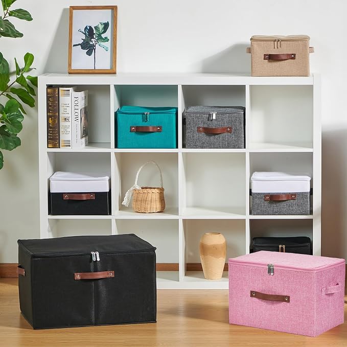 2 Pack Storage Bins with Zipper Lid Cotton Linen Fabric Lidded Storage Baskets Boxes Foldable Washable Closet Shelf Clothes Organizer Container with PU Leather Handles (Pink, Small)