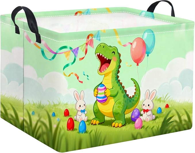 Rectangular Easter Basket for Home Kitchen Baby Girls Basket Cute Storage Bin Organizer Shelf Book Room Decor(Happy Dinosaur)
