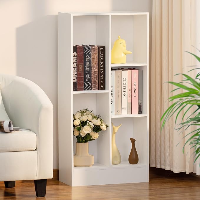 YAHARBO 5 Cube White Bookshelf,Small Modern Horizontal Bookcase,Wood Floor Standing Low Bookshelves Display Storage Cabinet with Base, Short Book Shelf Open Organizer for Bedroom,Living Room,Office