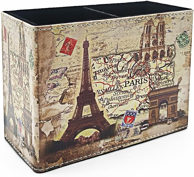 Pen Holder, Rectangle Vintage Pencil Holder with 2 Compartments, PU Leather Art Remote Control Holder Organizer Storage for Desk Accessory (Eiffel Tower)