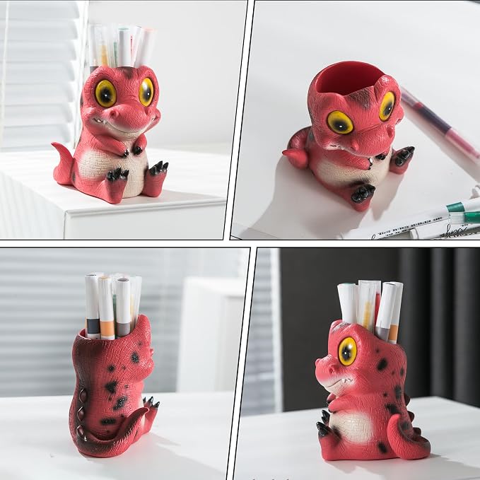 Dinosaur Pen Holder & Pencil Holder for Desk - Cute Cartoon Desk Accessories, Red Dino Toothbrush Holder, Office & School Supplies, Ideal Gifts for Adults, Kids, Women, Men