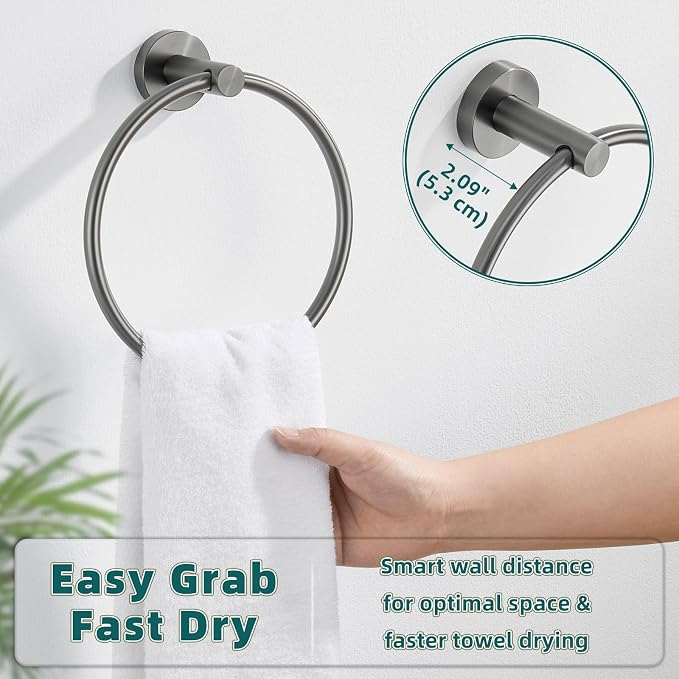 APLusee Gunmetal Gray Towel Ring, 304 Stainless Steel Rustproof Towel Holder for Bathroom Wall Mounted, Easy to Install