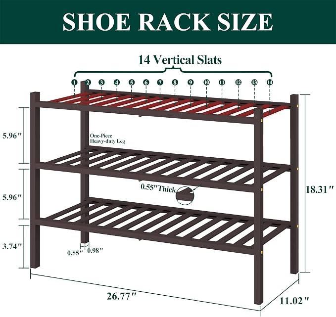 Smiry Bamboo Shoe Rack for Closet, 3 Tier Wooden Shoe Organizer, Stackable Wood Shoe Storage Shelf for Entryway, 14 Vertical Slats, One-piece Heavy-Duty Legs, 26.77"x11.02"x18.31", Brown