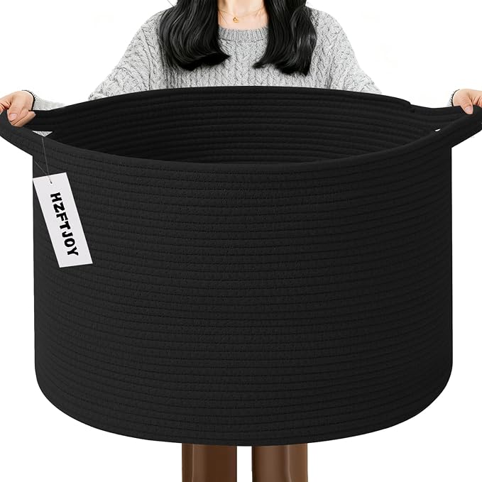 65L Large Blanket Basket,Woven Rope Laundry Basket Hamper with Handles,Decorative Nursery Basket Storage Bin for Toys, Pillows , Clothes Organizer, Living Room, Bedroom, Bathroom, Black