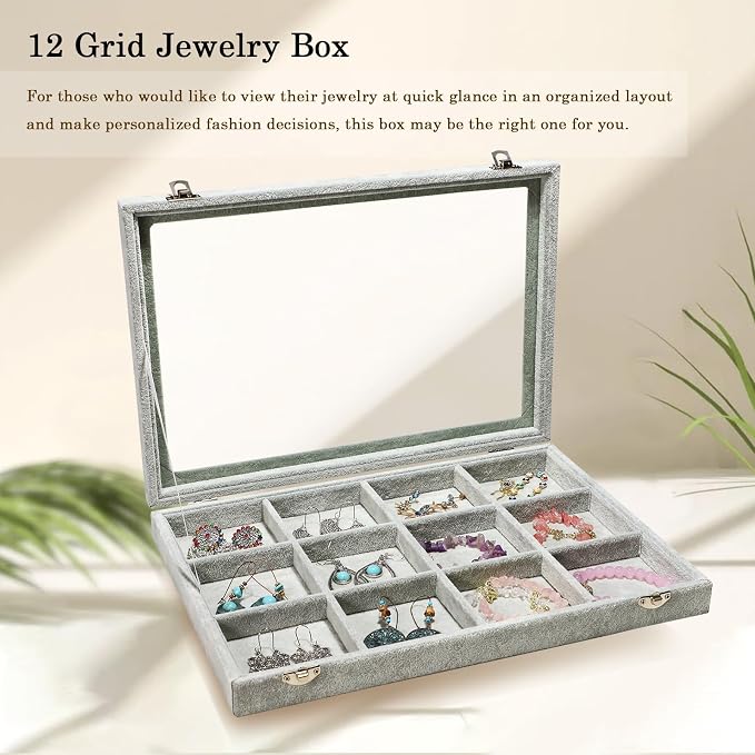 Stratalife 12 Grid Jewelry Holder Organizer: Bracelet Organizer Box with Clear Glass Lid, Velvet Jewelry Storage for Studs, Earrings, Rings, Necklace with Removable Dividers for Dresser, Grey