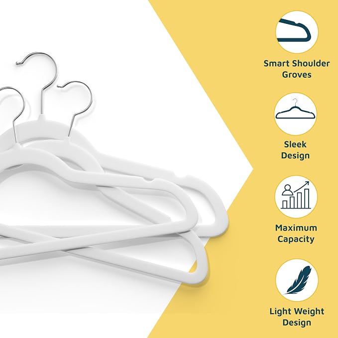 Lifemaster Velvet Clothes Hanger – with 360 Degree Swivel Hook and Non-Slip Shoulder Notch, Holds Up to 10 lbs, Heavy Duty Hanger Set, for Organizing Suit, Dress, Coat, and Clothes, Pack of 10, White
