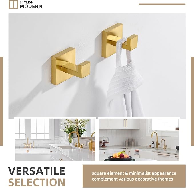 Angle Simple Towel Hook Brushed Dark Gold 2 Pack, 304 Stainless Steel Square Robe Hook for Bathroom