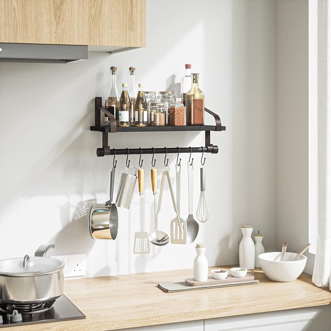 Love-KANKEI 17.3" Floating Wall Shelf Wood/Bracket,Coffee Bar,Black/Brown | Spice Rack,Towel Bar/8 Hooks,40 Lbs/shelf,Easy to Install,For Kitchen,Bathroom,Living Room,Bedroom,Office,Entryway Display