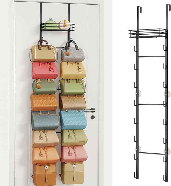 HapiRm Over The Door Purse Organizer - Wall Mounted Purse Rack with 16 Hooks and Metal Basket, Hanging Handbag Organizer Holds up to 16 Bags, Bag Rack Can Use As 1/2 Part, for Door, Closet (Black)