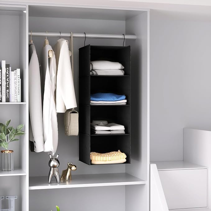 Hanging Closet Organizer 4-Shelf, Oxford Fabric Wardrobe Storage, Black | Easy-mount foldable design holds clothes, handbags, shoes & accessories; washable Oxford fabric, sturdy and space-saving.