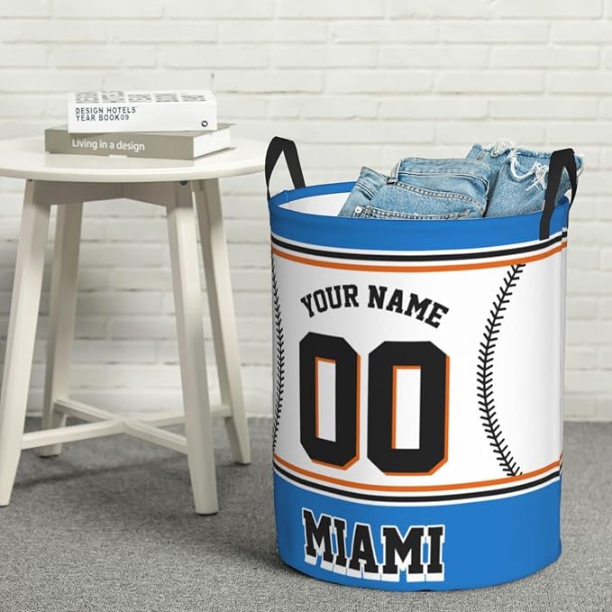 Custom Miami Laundry Hamper Personalized Laundry Basket Customized Name And Number Collapsible Storage Basket for Bedroom Bathroom Living Room Baseball Fan Gifts