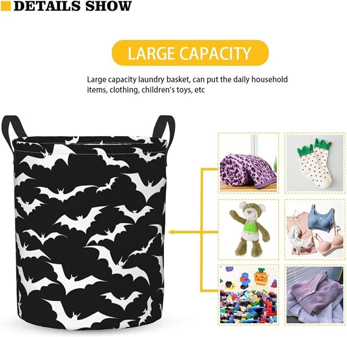 Bats Black Laundry Basket,Laundry Hamper,Collapsible Storage Bin, Oxford Fabric Clothes Baskets,Nursery Hamper For Home,Office,Dorm,Gift Basket