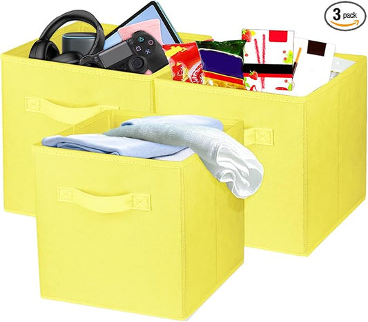 3 Pcs Storage Cubes, 10.5 Inch Collapsible Storage Bins, Fabric Foldable Bins for Organization, Durable Storage Bins for Closet, Shelves, Offices (Yellow)