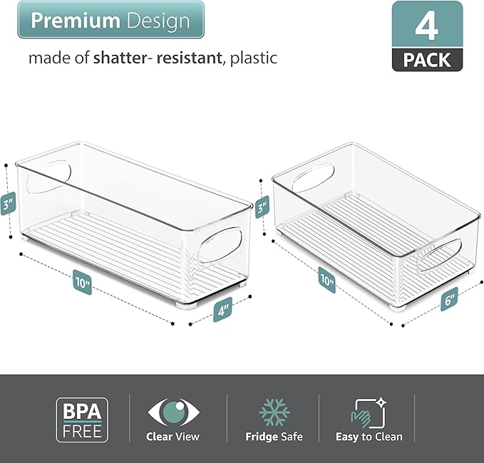 Sorbus Stackable Refrigerator Organizer Bins - Set of 4 Clear Storage Bins for Kitchen Pantry, Freezer & Fridge Organization - Food Organizing Plastic Containers with Handles for Countertops & Drawers