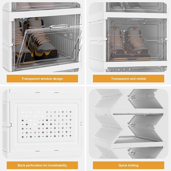 Foldable Shoe Storage Organizer, Stackable Boxes for Closet, Foldable Space-Saving Shoe Rack for Sneaker Boot Container, Acrylic Shoe Cabinet Shoe Box（6 Pack,White