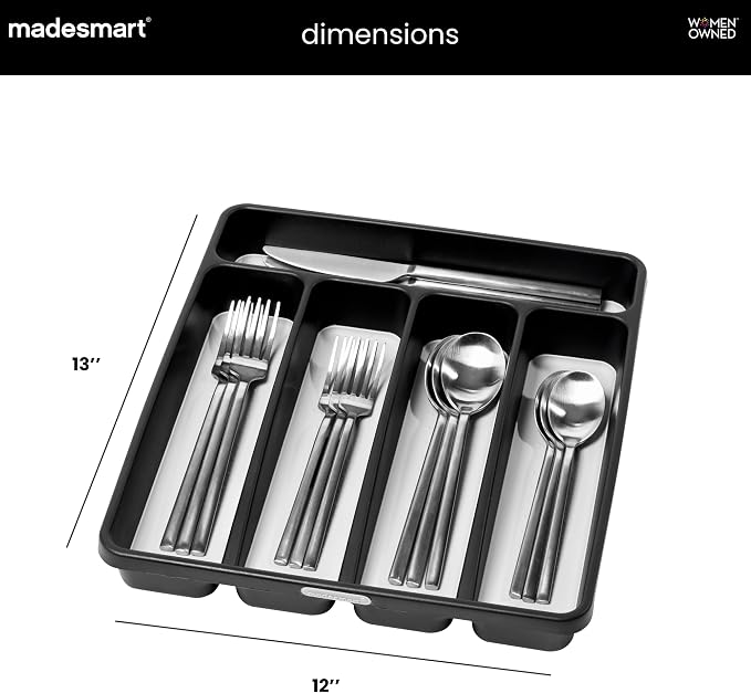 madesmart Classic 5 Compartment Silverware Tray with Soft Grip, Carbon | Standard drawer fit, nonslip feet, forks, knives, spoons, cutlery, flatware, branded icons