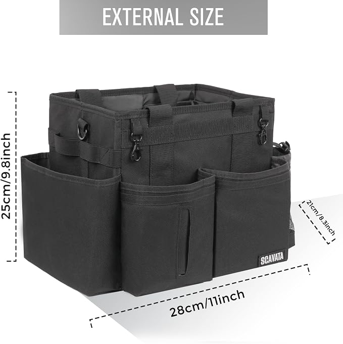 SCAVATA Compact Wearable Cleaning Caddy, Small Supplies Organizer with Handle & Shoulder Straps for Housekeepers, Under Sink & Car Cleaning Tool Organizer Bag (Black)