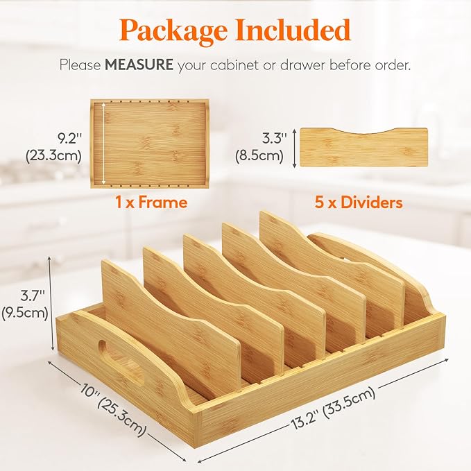 Lifewit Bamboo Lid Organizers for Inside Cabinet, Food Storage Container Lid Holder with 5 adjustable Inserts & 6 Sections, Kitchen Pantry organizer and storage, Large, 13.2" x 10"/34 x 25cm