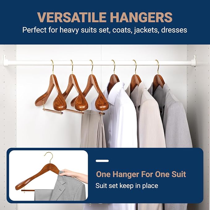 Amber Home 6 Pack Wide Shoulder Wooden Suit Hangers, Vintage | Antique Wood Coat Hangers with Non Slip Pants Bar, Clothes Hangers for Jackets, Sweaters, Pants & Heavy Clothes