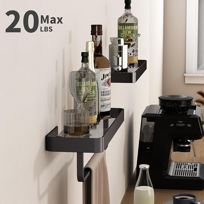 Danpoo 16-Inch Black Floating Bathroom Shelves with Towel Bar， Clear Tempered Glass Wall Shelf 2-Pack – Versatile Bathroom Organizer Set