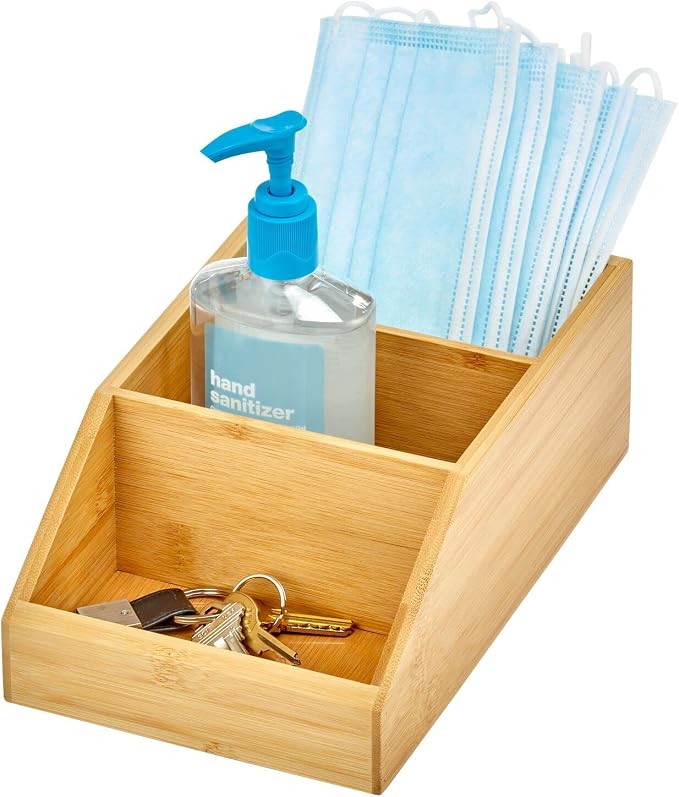 mDesign Bamboo Wood Compact Bathroom Storage Organizer Bin Box - 3 Divided Sections - Cabinets, Shelves, Countertops, Bedroom, Kitchen, Laundry Room, Closet, Garage - Natural/Tan