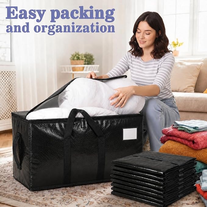 Songrey Heavy Duty Moving Bags, 12 Pack Large Storage Bags with Zipper & Handles, Waterproof Totes Bags for Clothes Packing, Moving, College Supplies, Home Organization