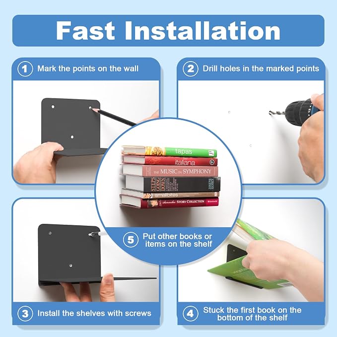 FENTEC Floating Book Shelves for Wall, Wall Mounted Invisible Floating Bookshelf, Heavy-Duty Hanging Bookshelves, Hidden Book Shelf Metal Wall Book Holder for Bedroom Home Office, 6-Pack Black