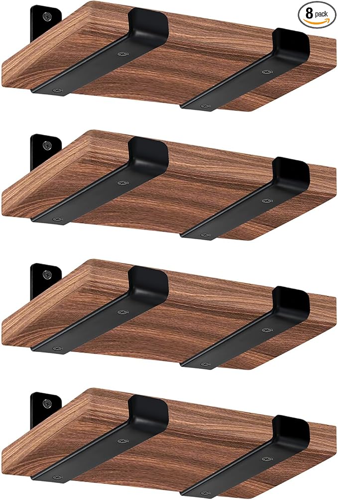 8 Pack - 5.5" L x 4" H x 1.5" W J Lip Shelf Brackets Rustic Farmhouse Iron Wall Floating Shelf Bracket Metal Shelf Bracket Industrial Shelf Supports with Screws Black