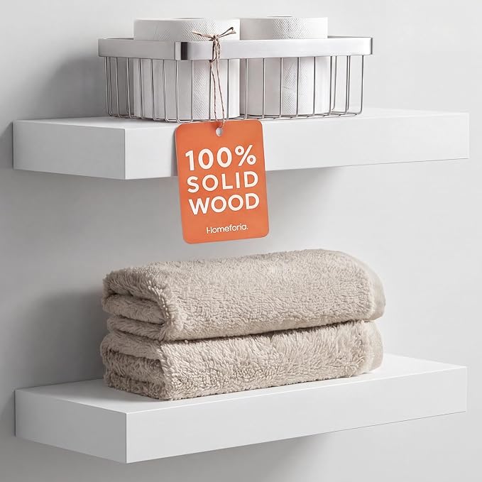 Homeforia White Floating Shelves 16 inch, High End Solid Real Wood 16inch Bathroom Floating Shelf for Wall Mounted, White Wooden 16 Floating Shelves, Heavy Duty Bracket, 16 X 6.5 X 1.75 inch, Set of 3