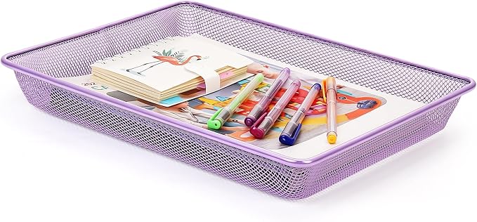 Office Metal Mesh Basket for Desk, Single Paper Tray Organizer, Turn in Trays Classroom, Flat Mail Letter Storage Basket for Office Home Drawers School (1, Purple)