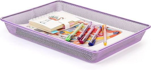 Office Metal Mesh Basket for Desk, Single Paper Tray Organizer, Turn in Trays Classroom, Flat Mail Letter Storage Basket for Office Home Drawers School (1, Purple)