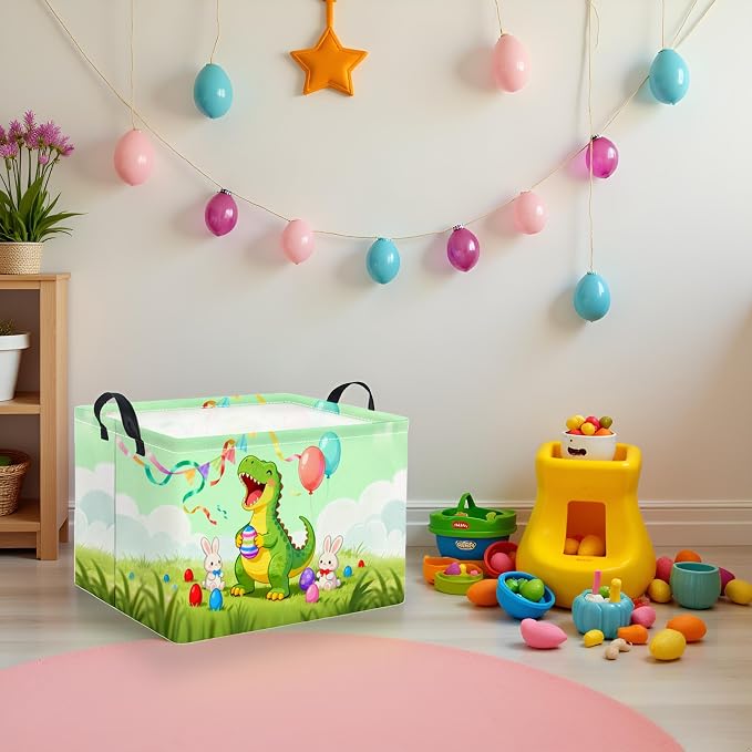 Rectangular Easter Basket for Home Kitchen Baby Girls Basket Cute Storage Bin Organizer Shelf Book Room Decor(Happy Dinosaur)
