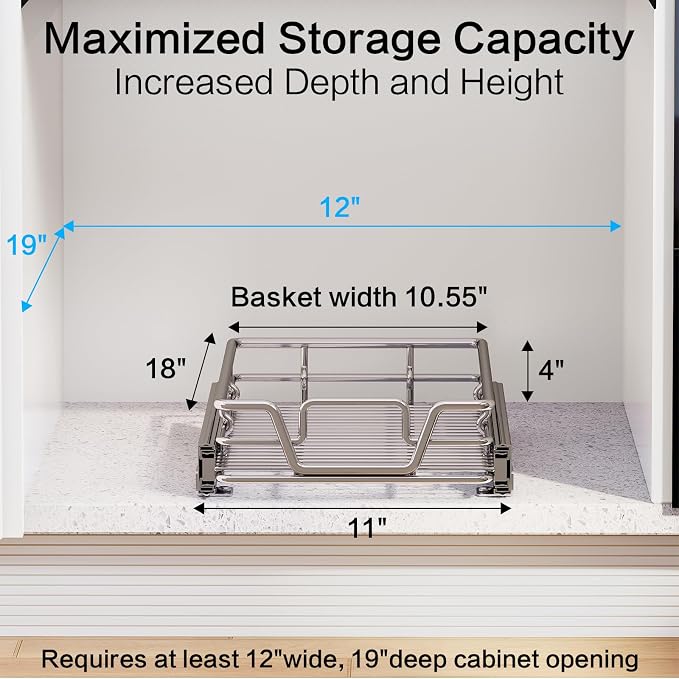 2-Tier Kitchen Cabinet Pull Out Shelf and Drawer Organizer Slide Out Pantry Storaqe Basket in Multiple Sizes (11" W x 18" D,1 Tier)