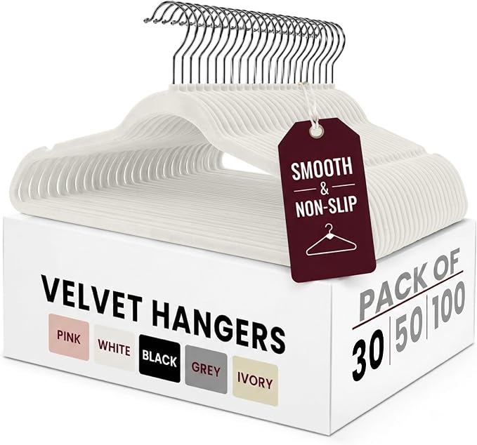 LDC White Velvet Hangers 30 Pack - Premium Non-Slip Clothes Coat Pants Felt Hanger for Closet - Heavy Duty Space Saving 360° Swivel Hook Hangars - White