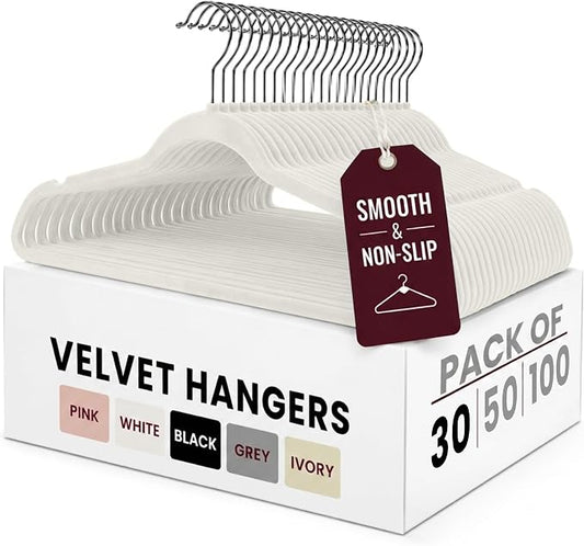 LDC White Velvet Hangers 30 Pack - Premium Non-Slip Clothes Coat Pants Felt Hanger for Closet - Heavy Duty Space Saving 360° Swivel Hook Hangars - White